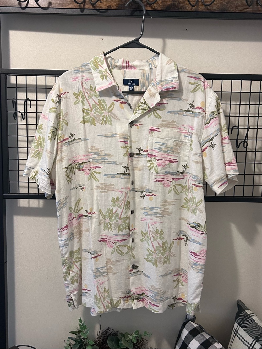 George Cream Tropical Print Short-Sleeve Button-Down Shirt